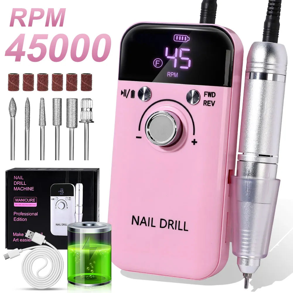 45000RPM Rechargeable Electric Nail Drill Machine Professional Nail Drills for Gel Nails Polish Portable Nail File Manicure Tool