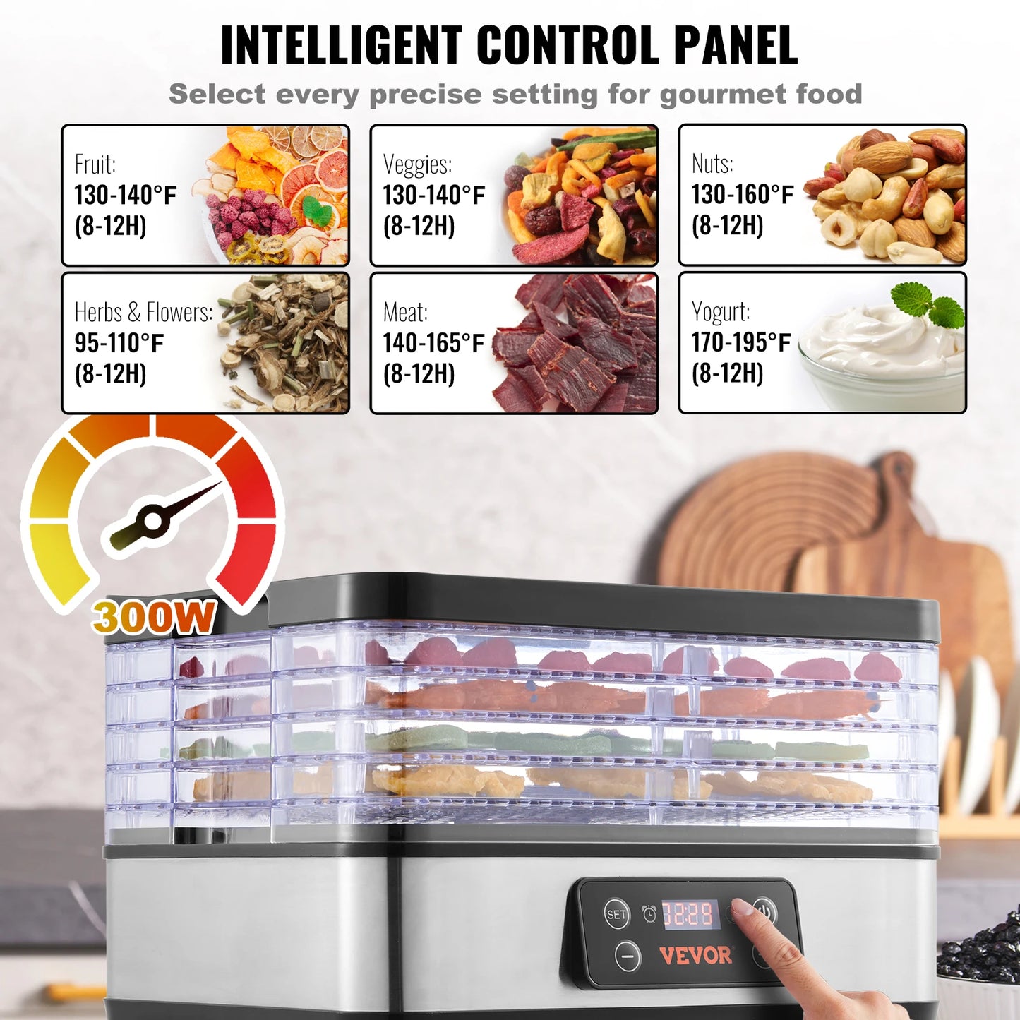 5 Tray Food Dehydrator Machine 300W Stainless Steel Electric Food Dryer ,Adjustable Timer & Temperature