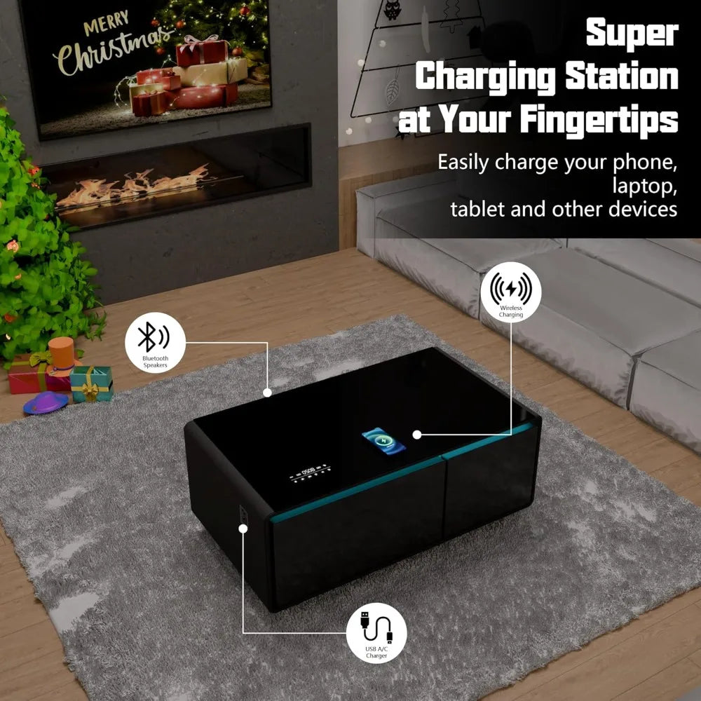 Smart Coffee Table, Living Room Table with Built in Fridge, Wireless Charging, USB Chargers