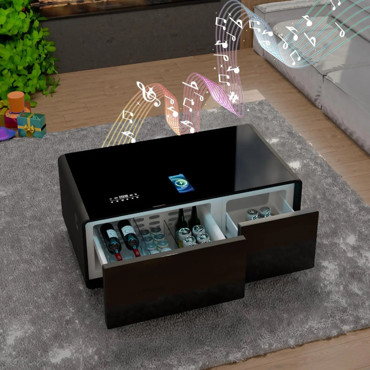 Smart Coffee Table, Living Room Table with Built in Fridge, Wireless Charging, USB Chargers