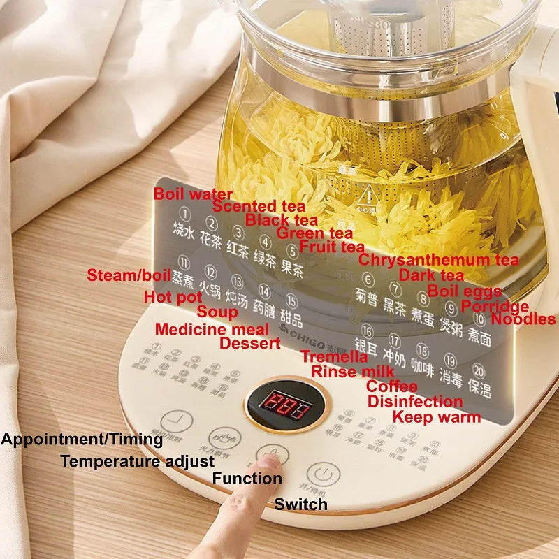 Multifunctional Glass Electric Kettle Flower Teapot Soup Stew Pot 220V