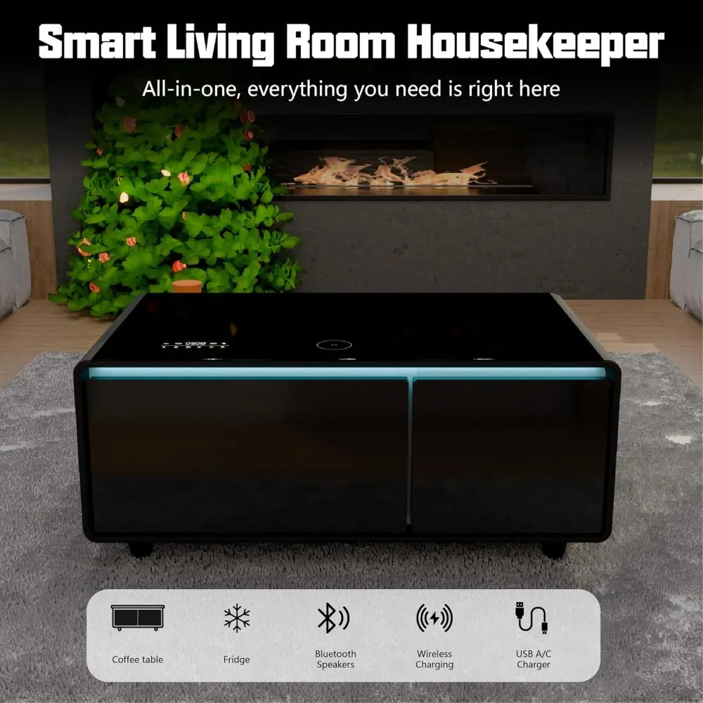 Smart Coffee Table, Living Room Table with Built in Fridge, Wireless Charging, USB Chargers