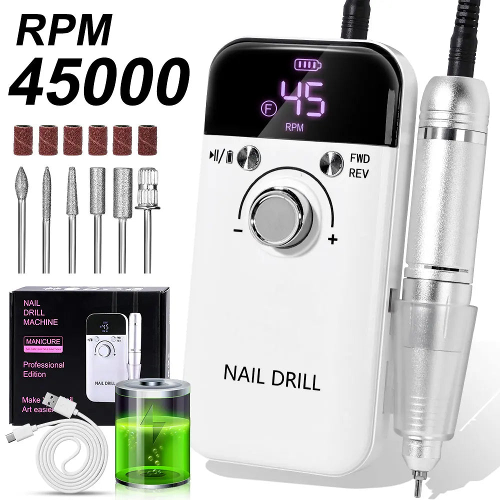45000RPM Rechargeable Electric Nail Drill Machine Professional Nail Drills for Gel Nails Polish Portable Nail File Manicure Tool