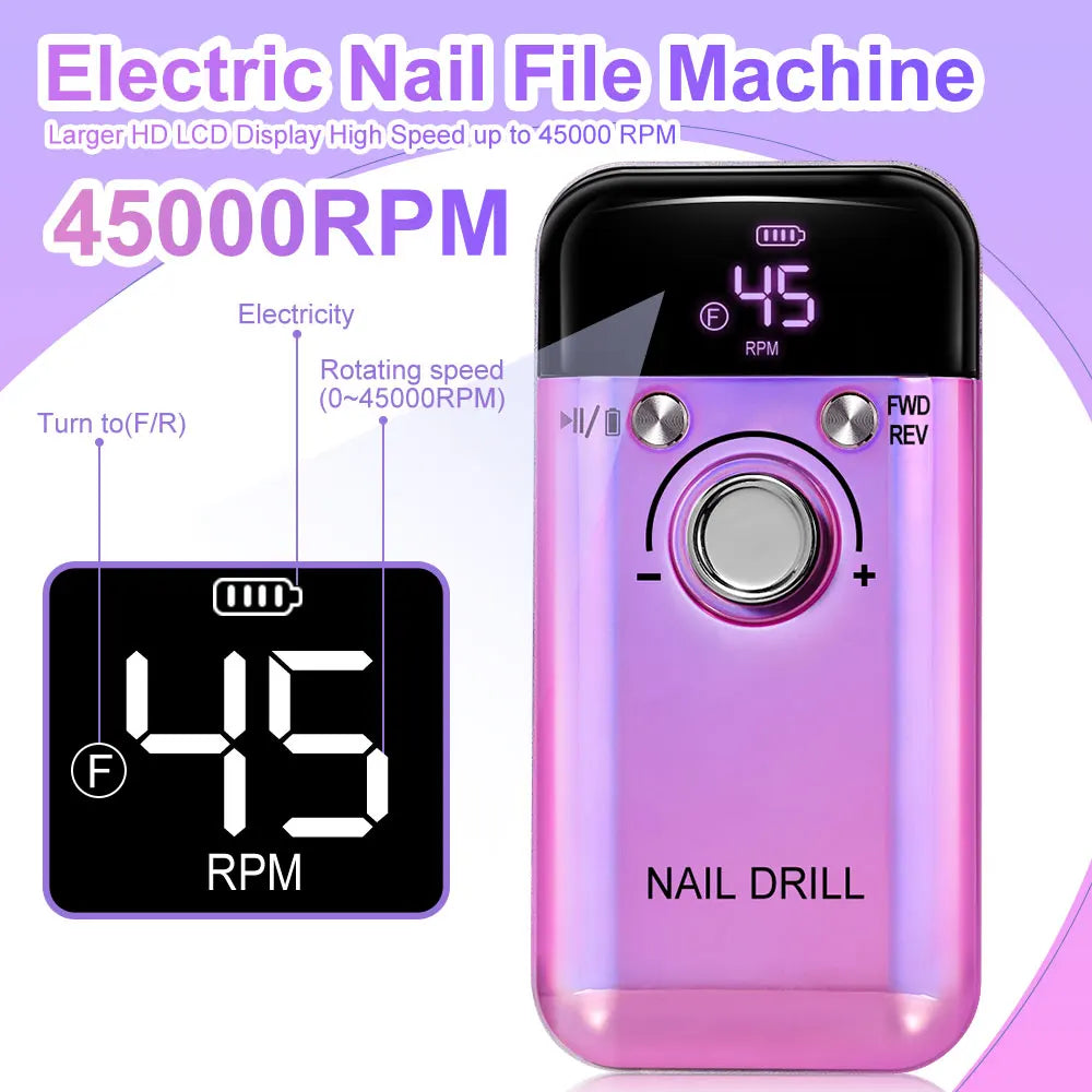 45000RPM Rechargeable Electric Nail Drill Machine Professional Nail Drills for Gel Nails Polish Portable Nail File Manicure Tool
