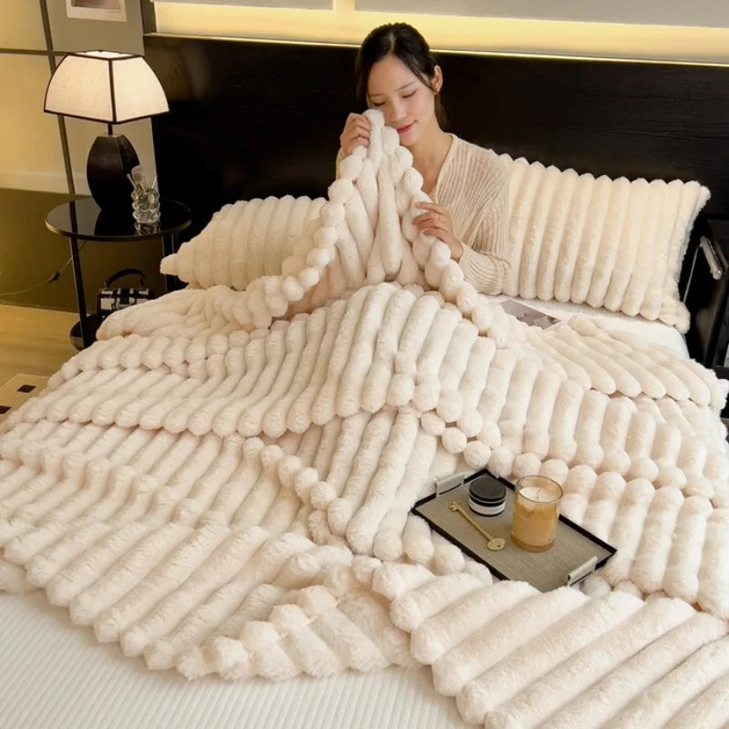 2025 Artificial Rabbit Plush Warm Blanket for Bed, Soft Coral Fleece Sofa Throw Blanket Comfortable Thicken Bed Sheet