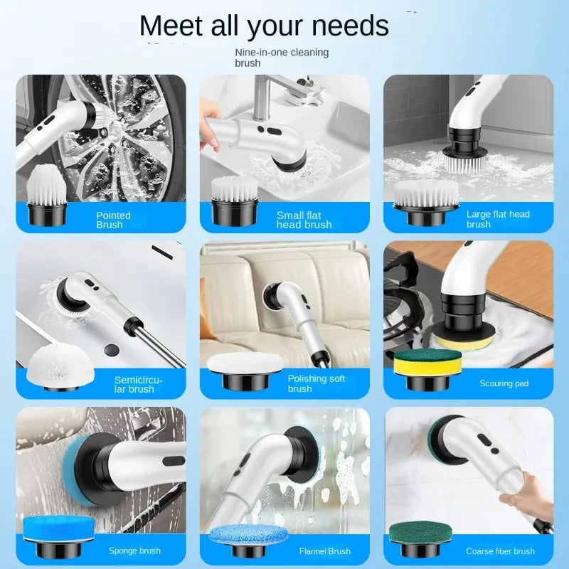 Nine in one multifunctional handheld electric cleaning brush