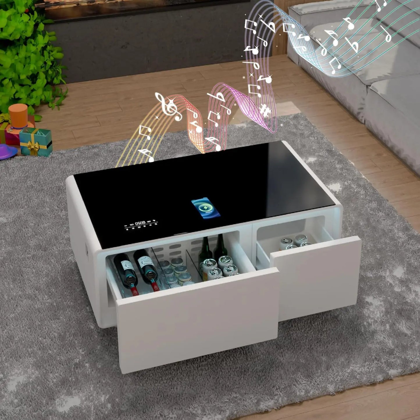 Smart Coffee Table, Living Room Table with Built in Fridge, Wireless Charging, USB Chargers