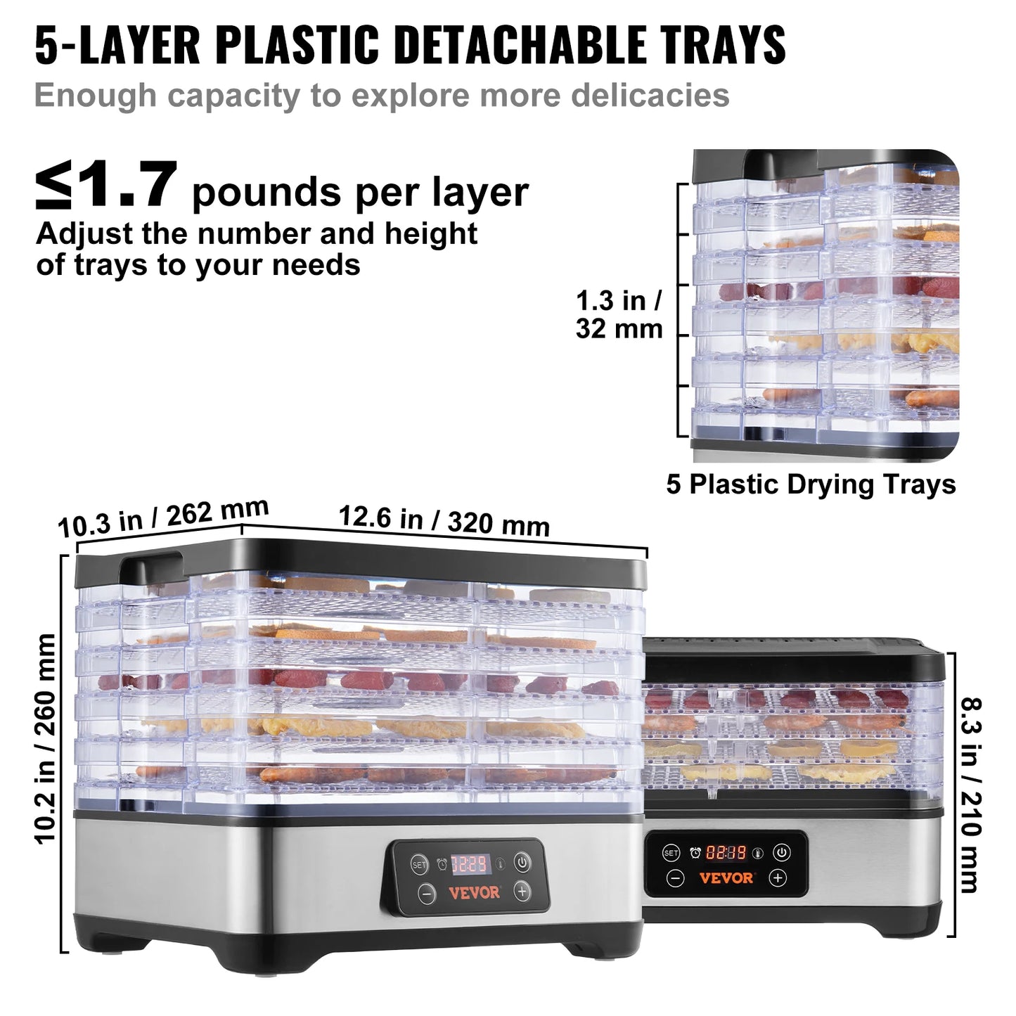 5 Tray Food Dehydrator Machine 300W Stainless Steel Electric Food Dryer ,Adjustable Timer & Temperature