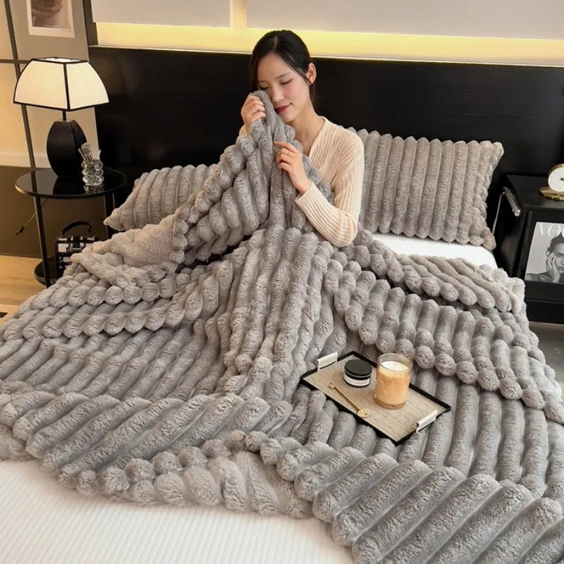 2025 Artificial Rabbit Plush Warm Blanket for Bed, Soft Coral Fleece Sofa Throw Blanket Comfortable Thicken Bed Sheet
