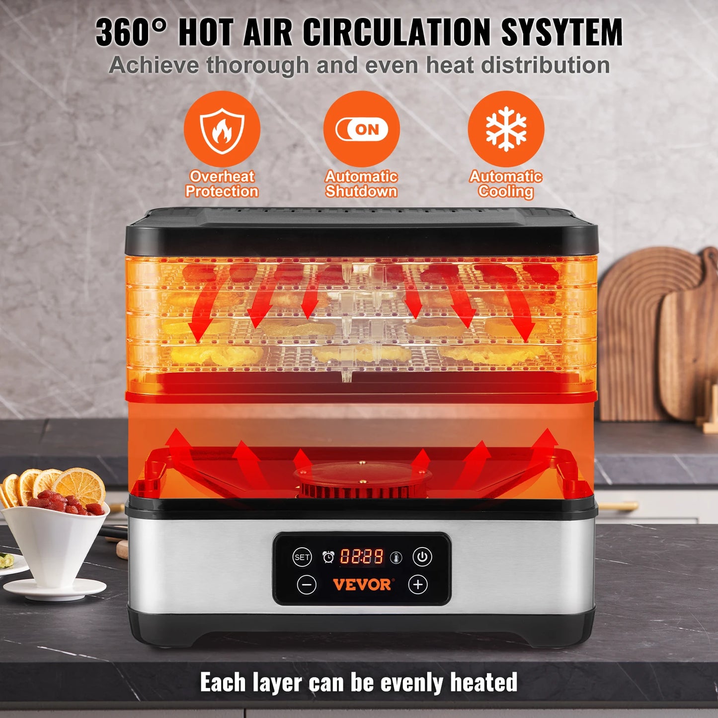 5 Tray Food Dehydrator Machine 300W Stainless Steel Electric Food Dryer ,Adjustable Timer & Temperature