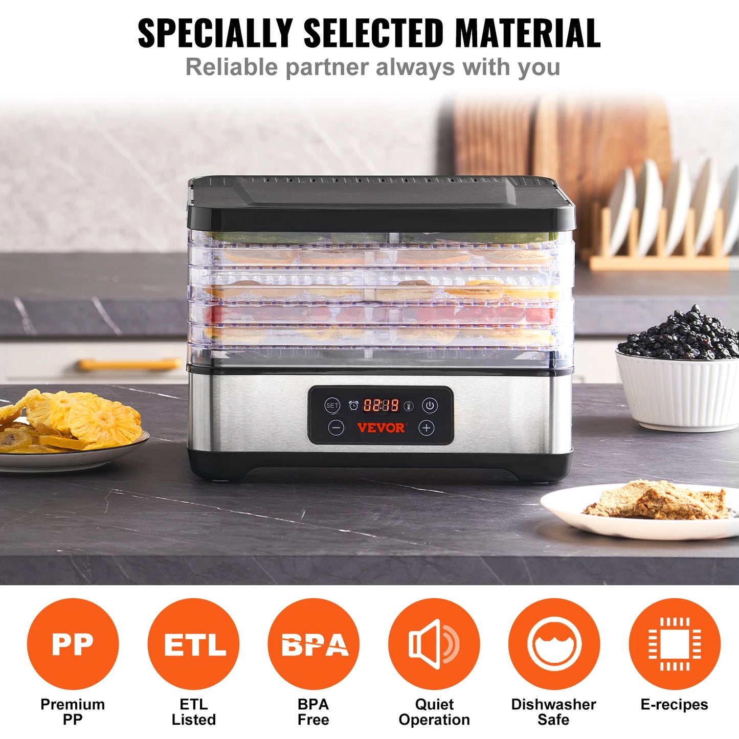 5 Tray Food Dehydrator Machine 300W Stainless Steel Electric Food Dryer ,Adjustable Timer & Temperature