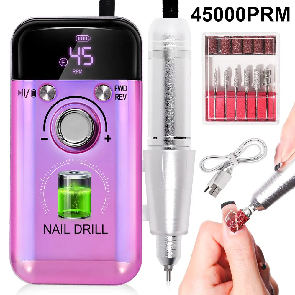 45000RPM Rechargeable Electric Nail Drill Machine Professional Nail Drills for Gel Nails Polish Portable Nail File Manicure Tool