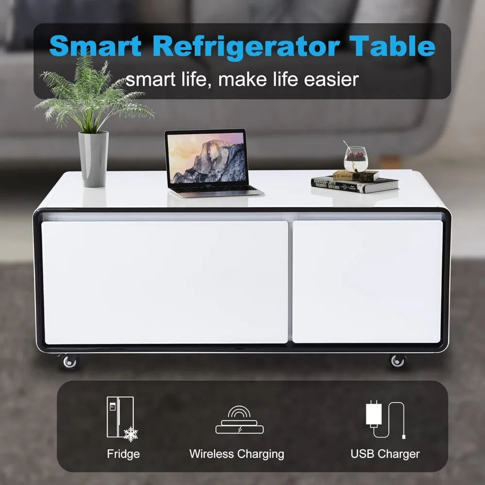 Smart Coffee Table with Fridge,Wireless Charger, USB Port, for Living Room Reception Room